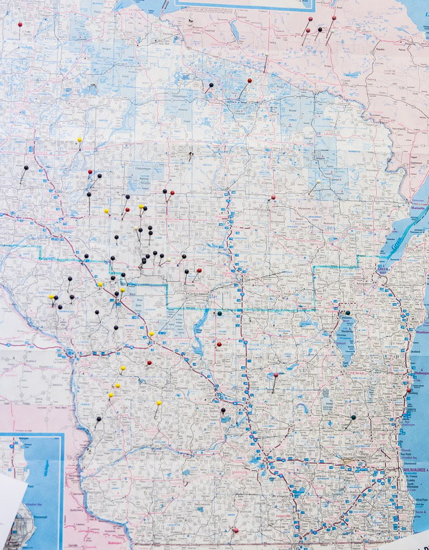 The map in our office, showing locations in Wisconsin and Upper Michigan of projects we have completed.
